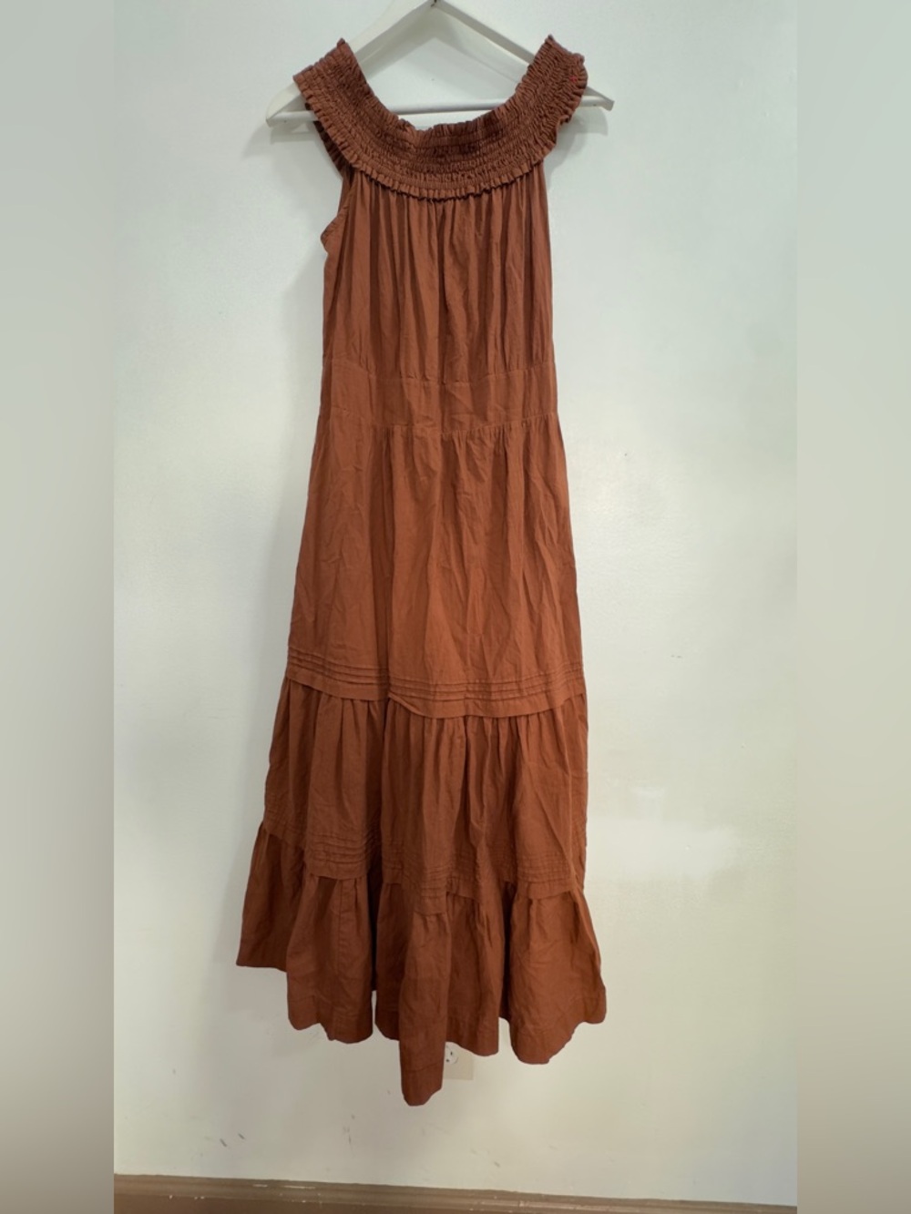 Aura Rust Brown Asymmetrical Tiered Maxi Dress